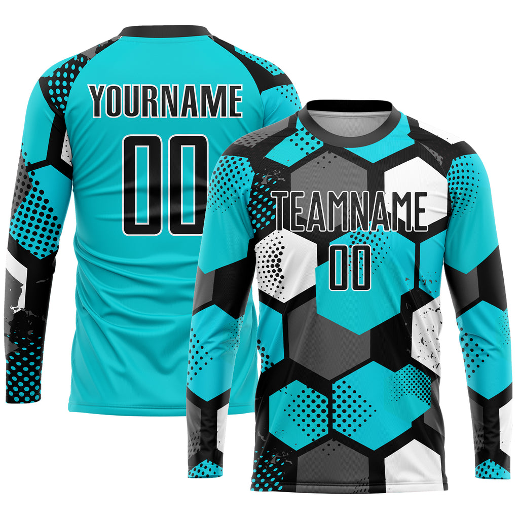 Custom aqua and black-white sublimation soccer uniform jersey with free shipping6