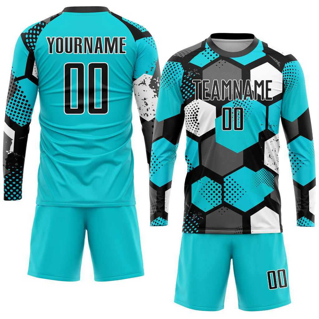 Custom aqua and black-white sublimation soccer uniform jersey with free shipping3