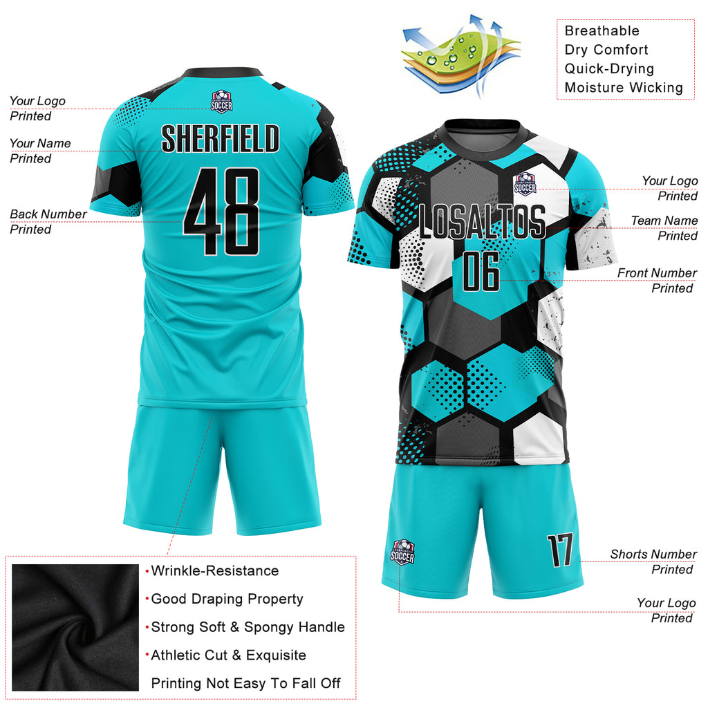 Custom aqua and black-white sublimation soccer uniform jersey with free shipping4