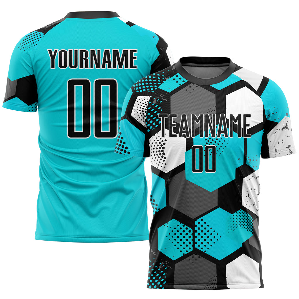 Custom aqua and black-white sublimation soccer uniform jersey with free shipping2