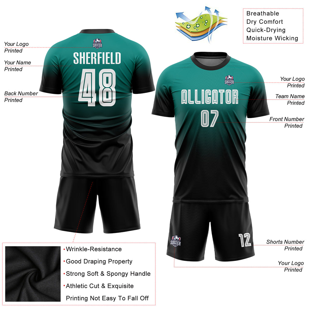 Custom aqua white-black sublimation fade fashion soccer uniform jersey with free shipping1