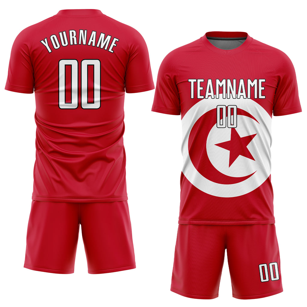 Custom Red White-Black Sublimation Tunisian Flag Soccer Uniform Jersey