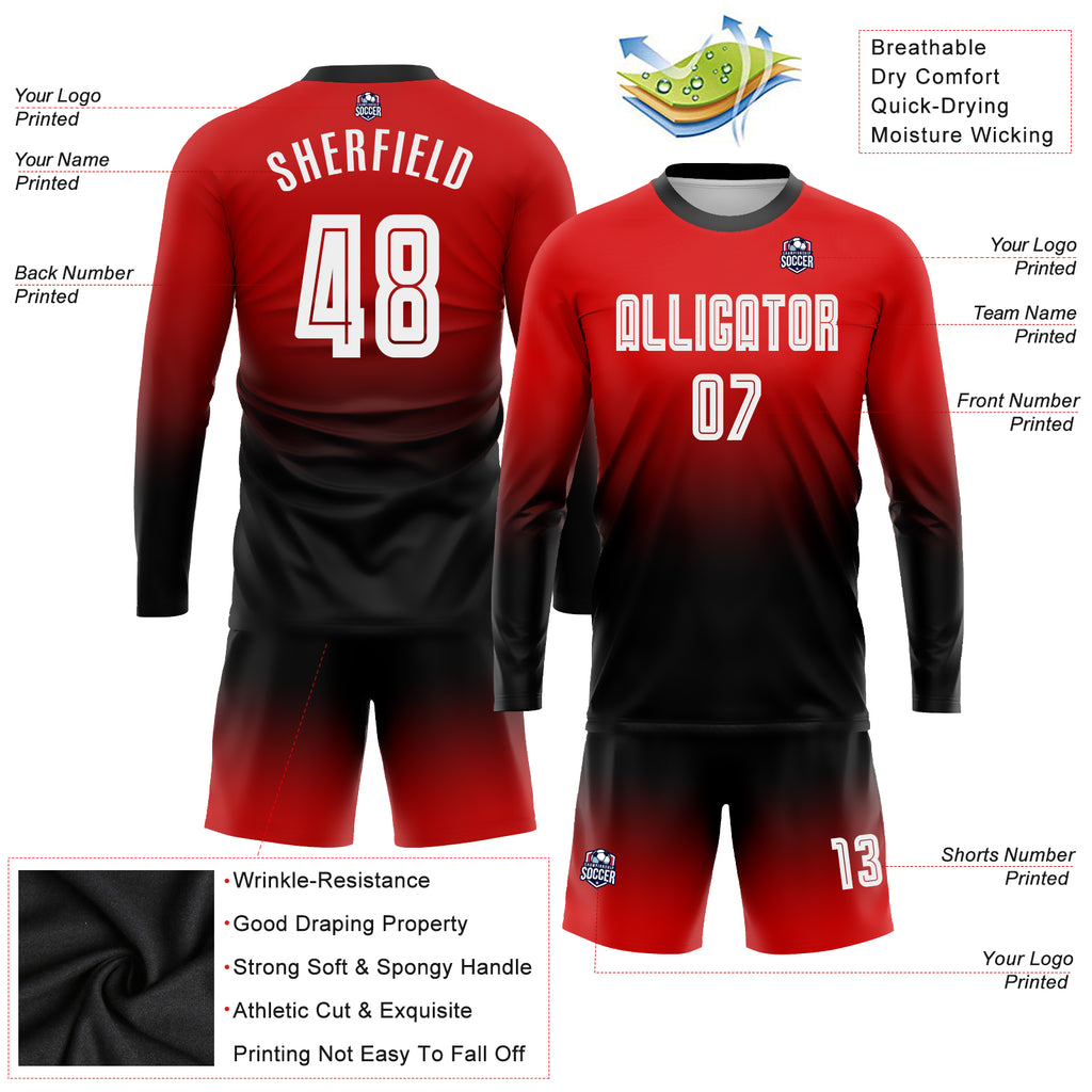 Custom Red White-Black Sublimation Long Sleeve Fade Fashion Soccer Uniform Jersey