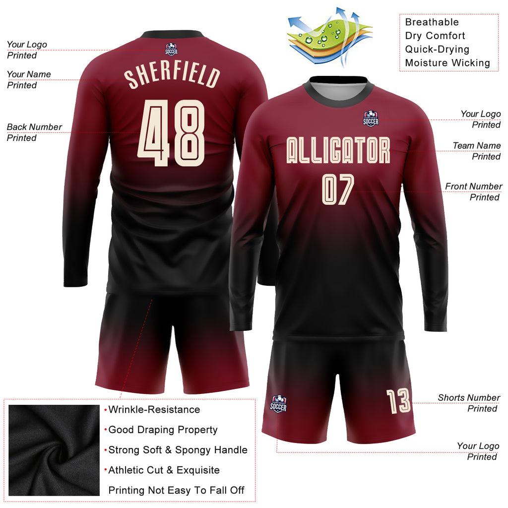 Custom Crimson Cream-Black Sublimation Long Sleeve Fade Fashion Soccer Uniform Jersey