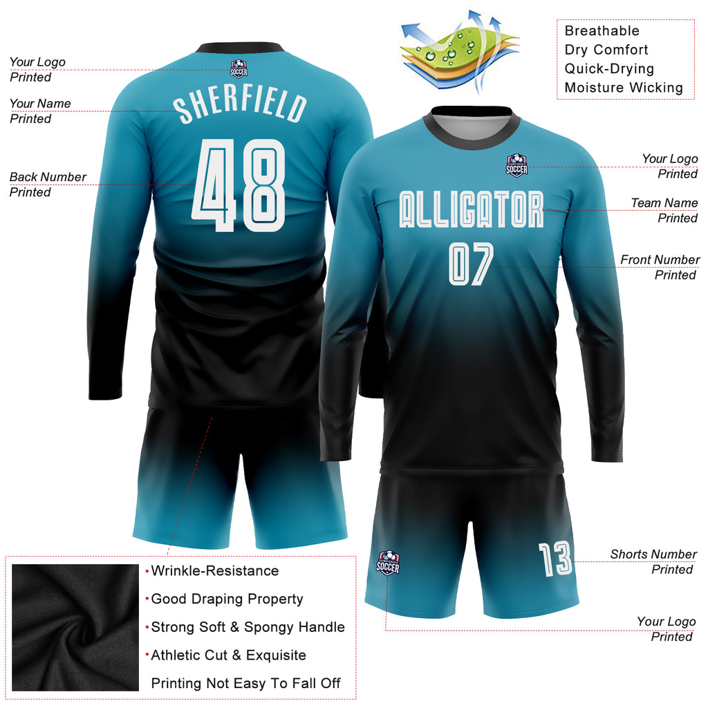 Custom Panther Blue White-Black Sublimation Long Sleeve Fade Fashion Soccer Uniform Jersey