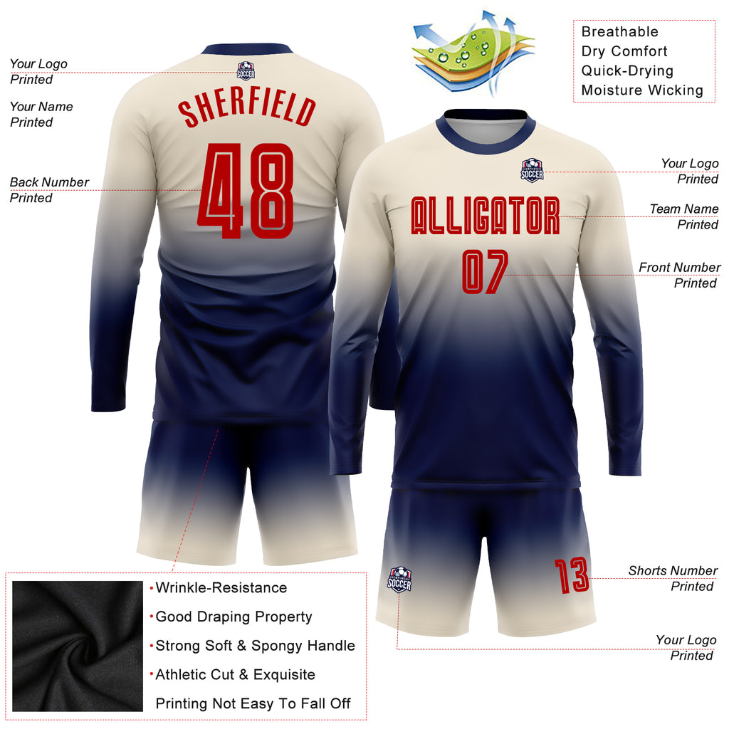 Custom Cream Red-Navy Sublimation Long Sleeve Fade Fashion Soccer Uniform Jersey