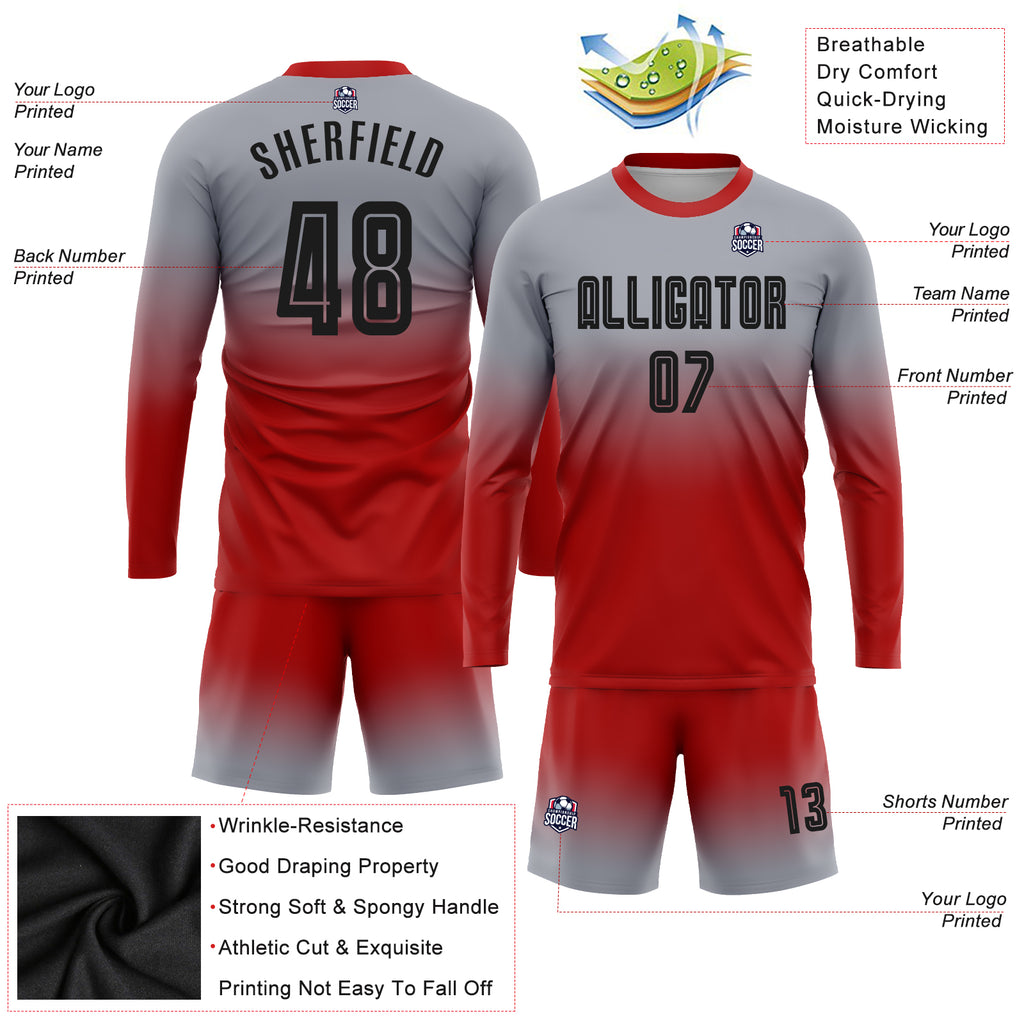 Custom Gray Black-Red Sublimation Long Sleeve Fade Fashion Soccer Uniform Jersey