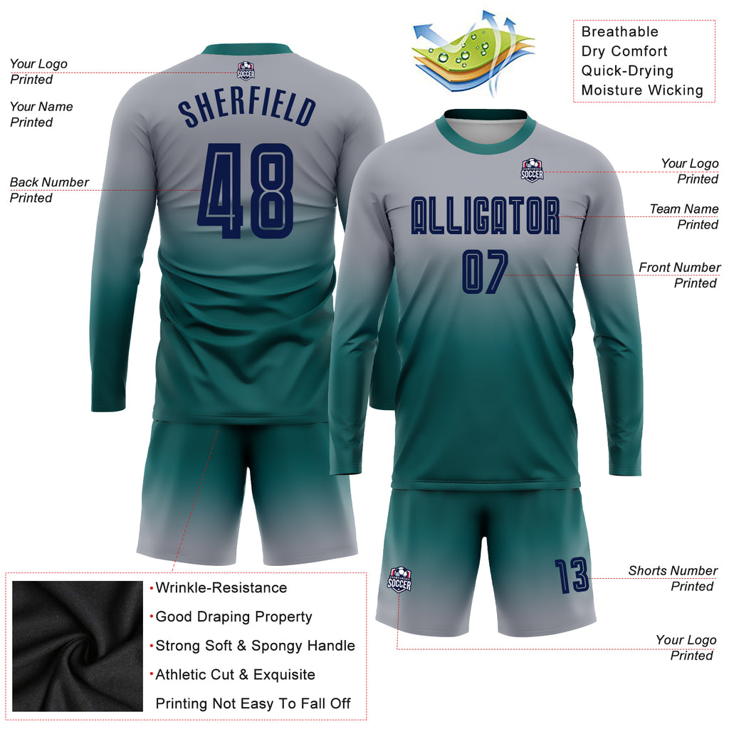 Custom Gray Navy-Teal Sublimation Long Sleeve Fade Fashion Soccer Uniform Jersey