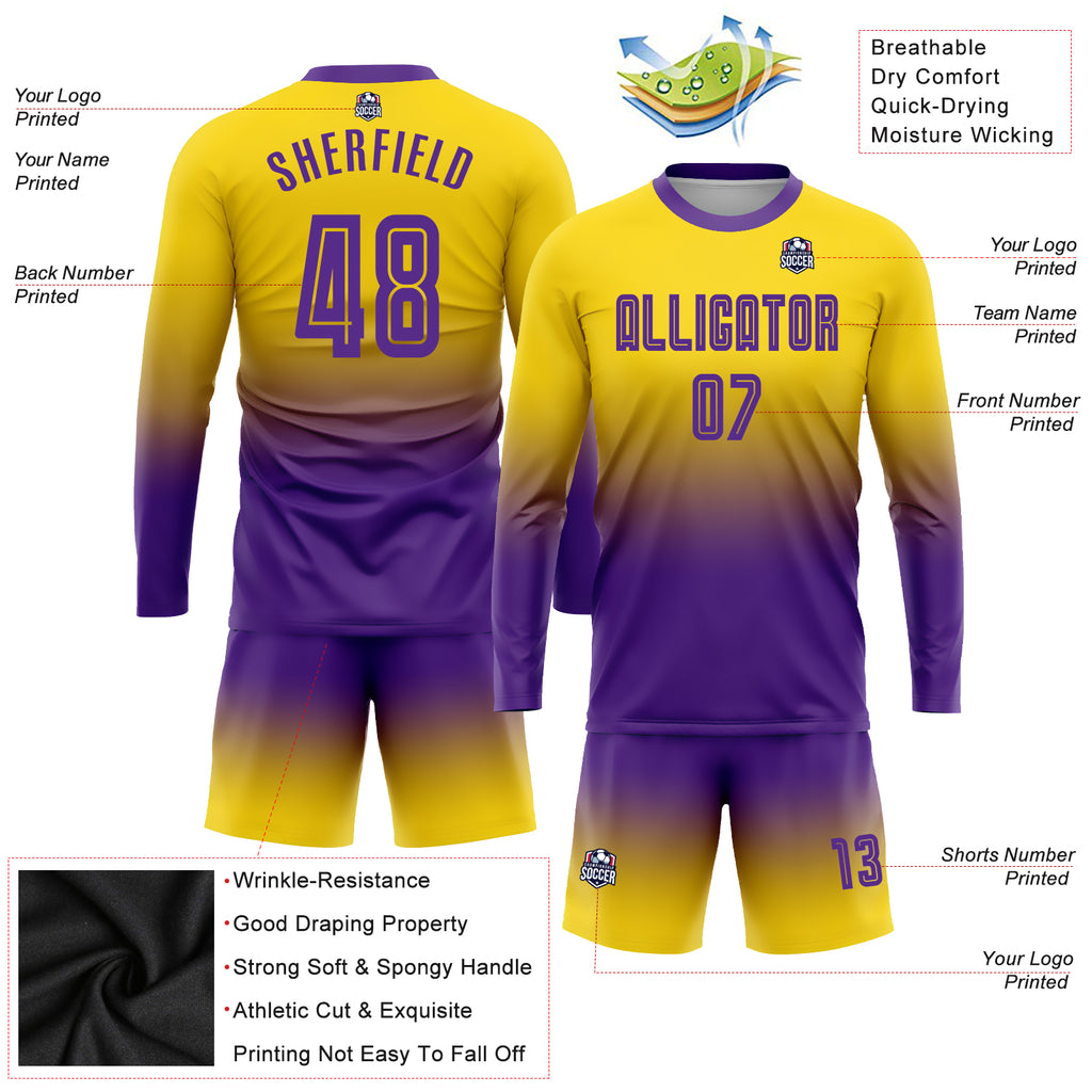 Custom Gold Purple Sublimation Long Sleeve Fade Fashion Soccer Uniform Jersey