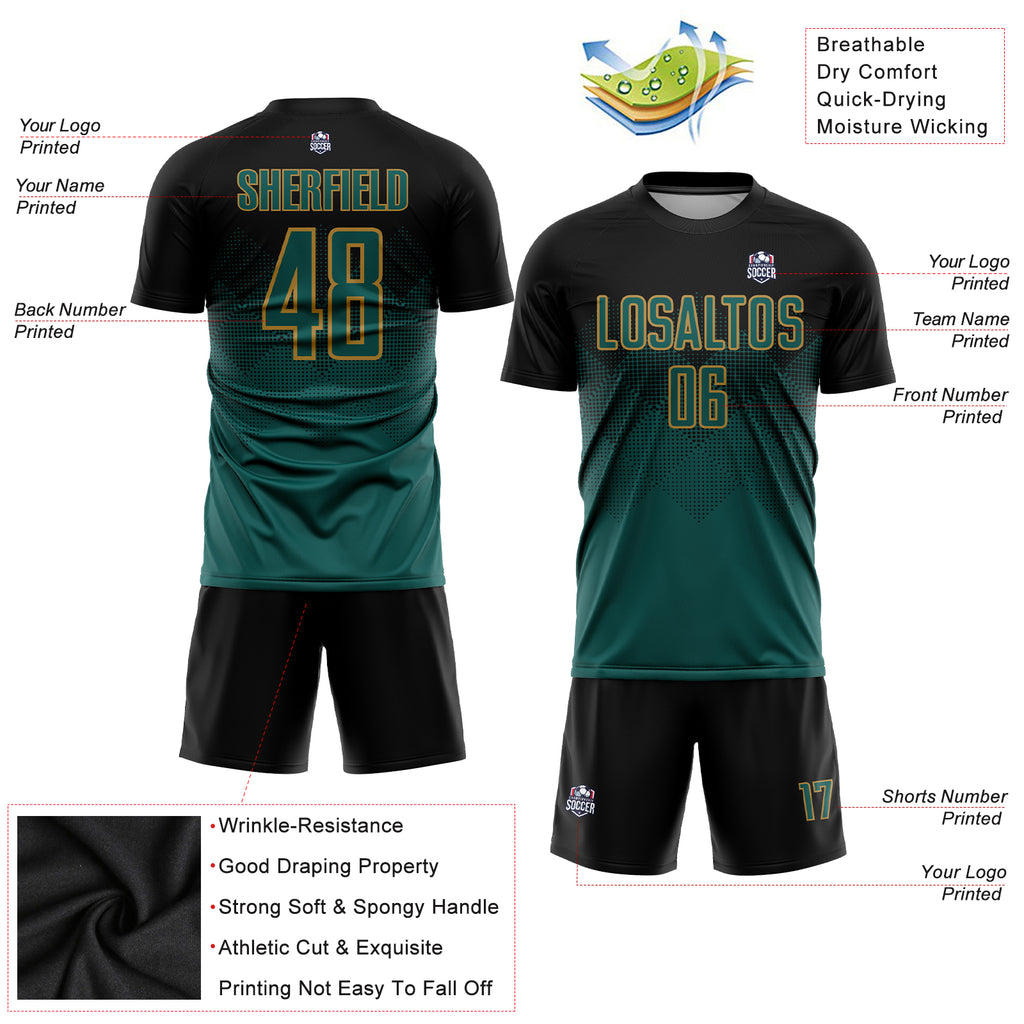 Custom Black Midnight Green-Old Gold Sublimation Soccer Uniform Jersey
