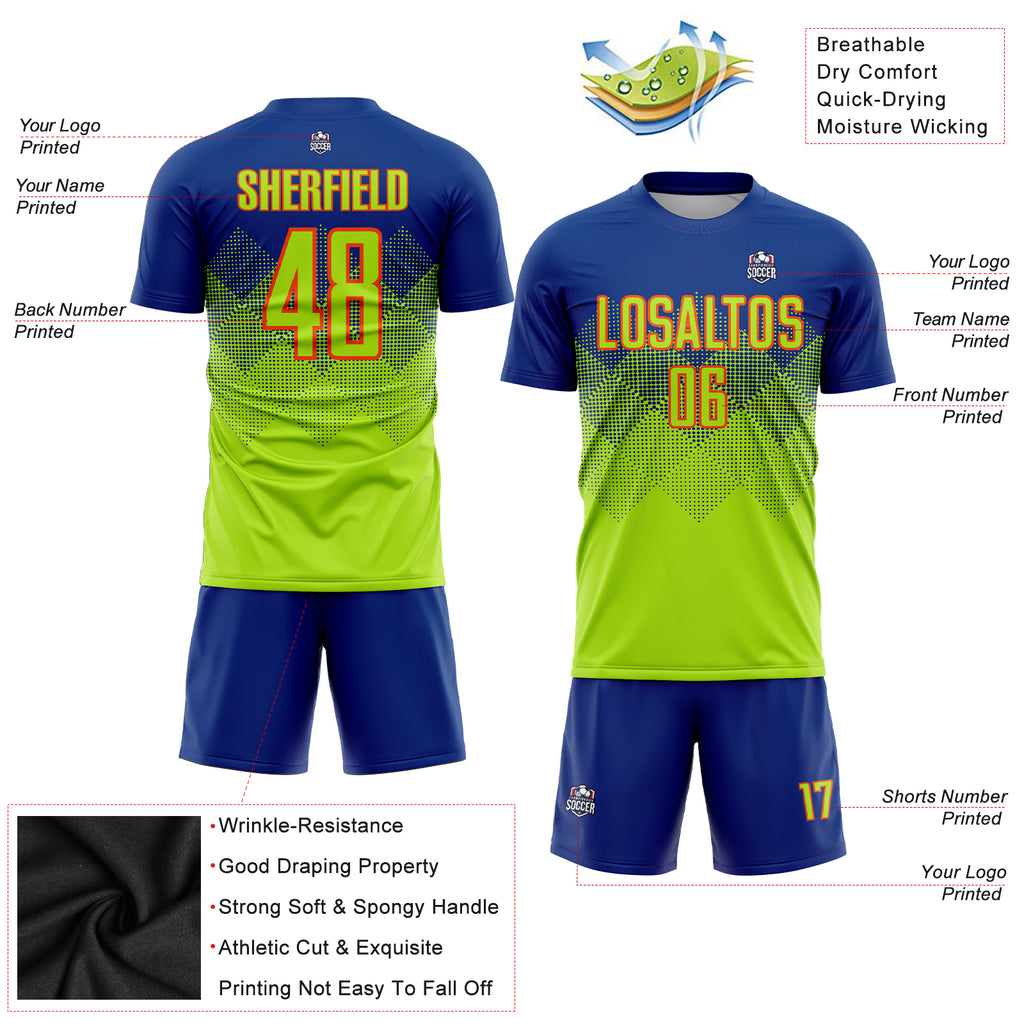 Custom Royal Neon Green-Orange Sublimation Soccer Uniform Jersey