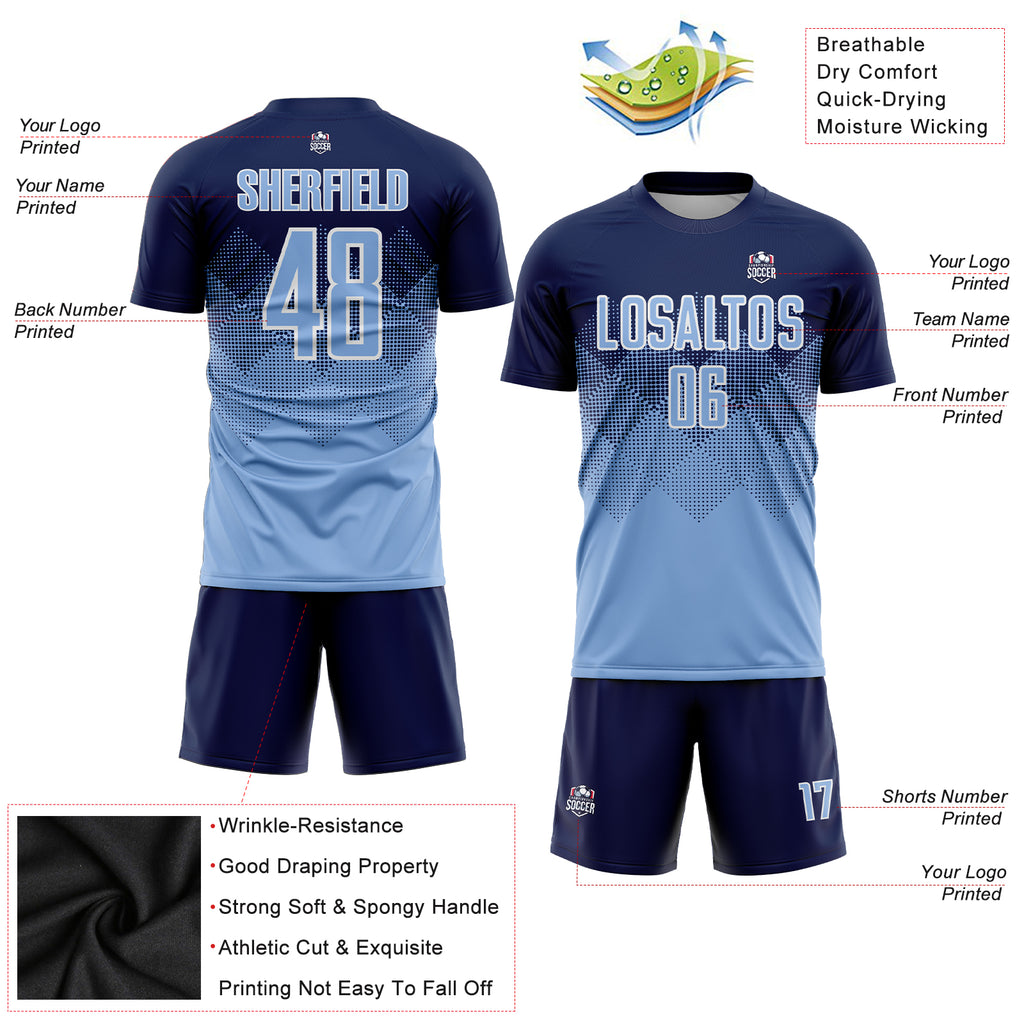 Custom Navy Light Blue-White Sublimation Soccer Uniform Jersey