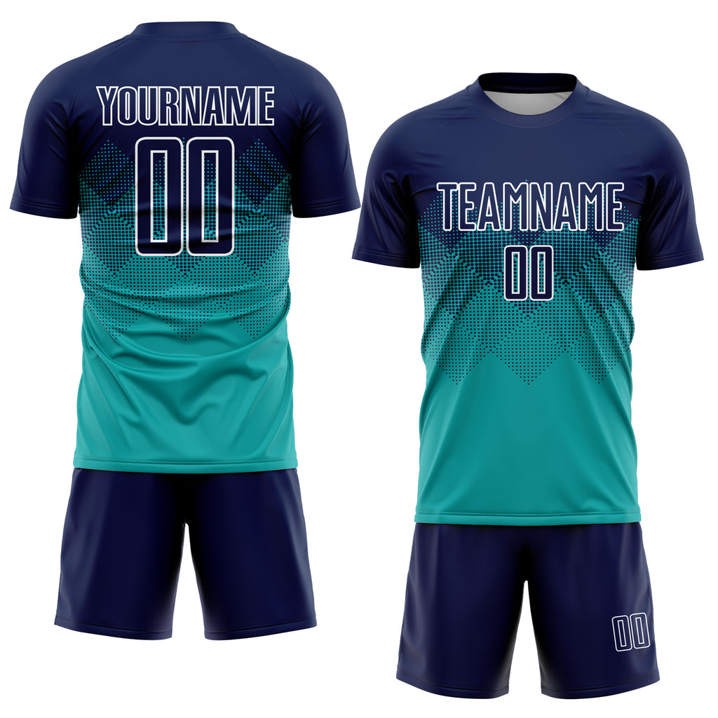 Custom aqua navy-white sublimation soccer uniform jersey with free shipping0