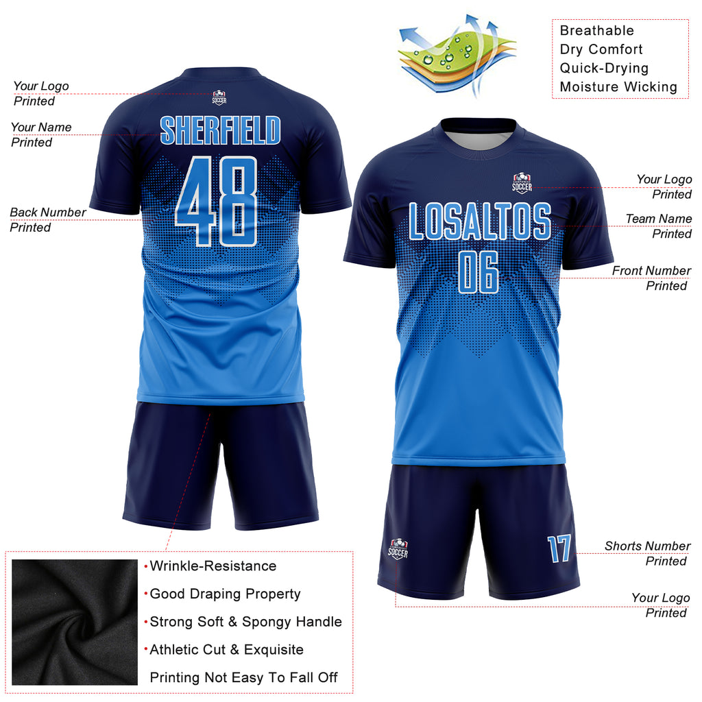 Custom Navy Powder Blue-White Sublimation Soccer Uniform Jersey