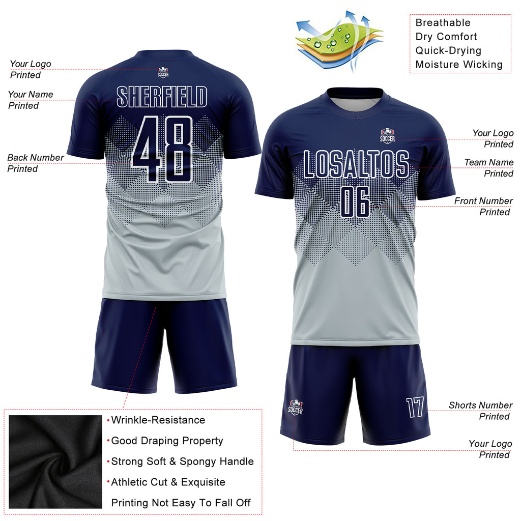 Custom Silver Navy-White Sublimation Soccer Uniform Jersey