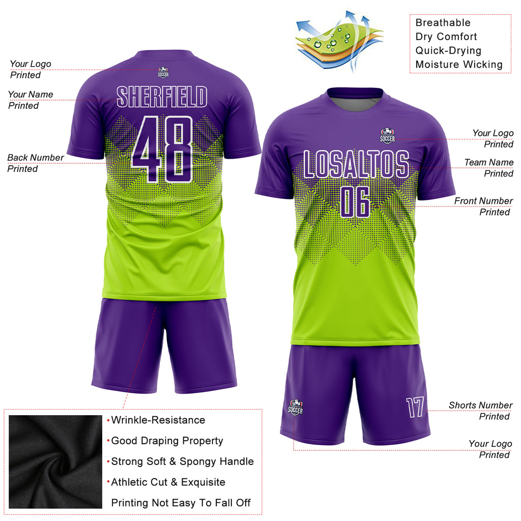 Custom Neon Green Purple-White Sublimation Soccer Uniform Jersey