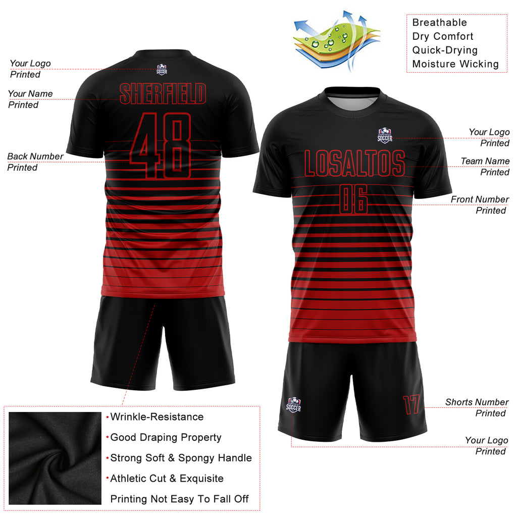 Custom Black Red Pinstripe Fade Fashion Sublimation Soccer Uniform Jersey