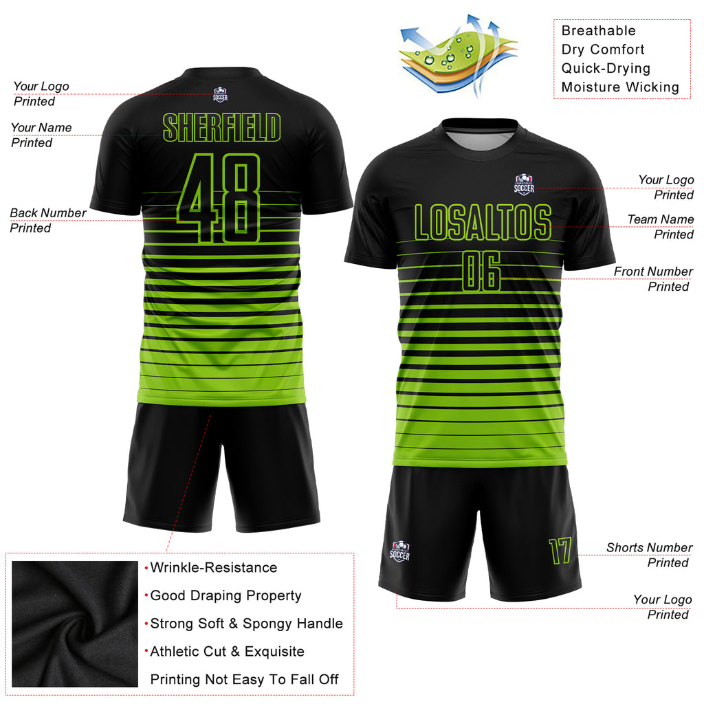 Custom Black Neon Green Pinstripe Fade Fashion Sublimation Soccer Uniform Jersey