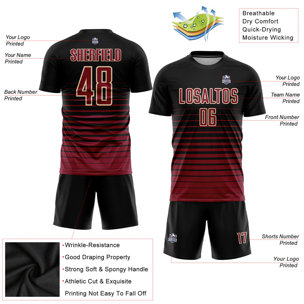 Custom Black Maroon-Cream Pinstripe Fade Fashion Sublimation Soccer Uniform Jersey