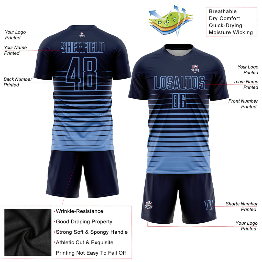 Custom Navy Light Blue Pinstripe Fade Fashion Sublimation Soccer Uniform Jersey