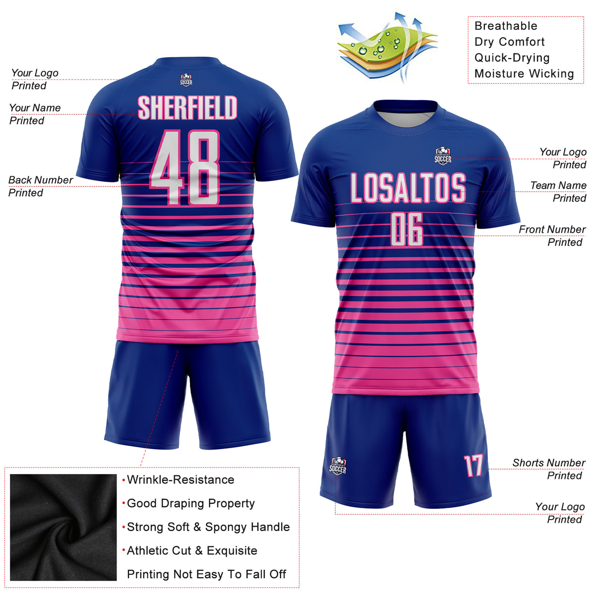 Custom Royal WhitePink Pinstripe Fade Fashion Sublimation Soccer