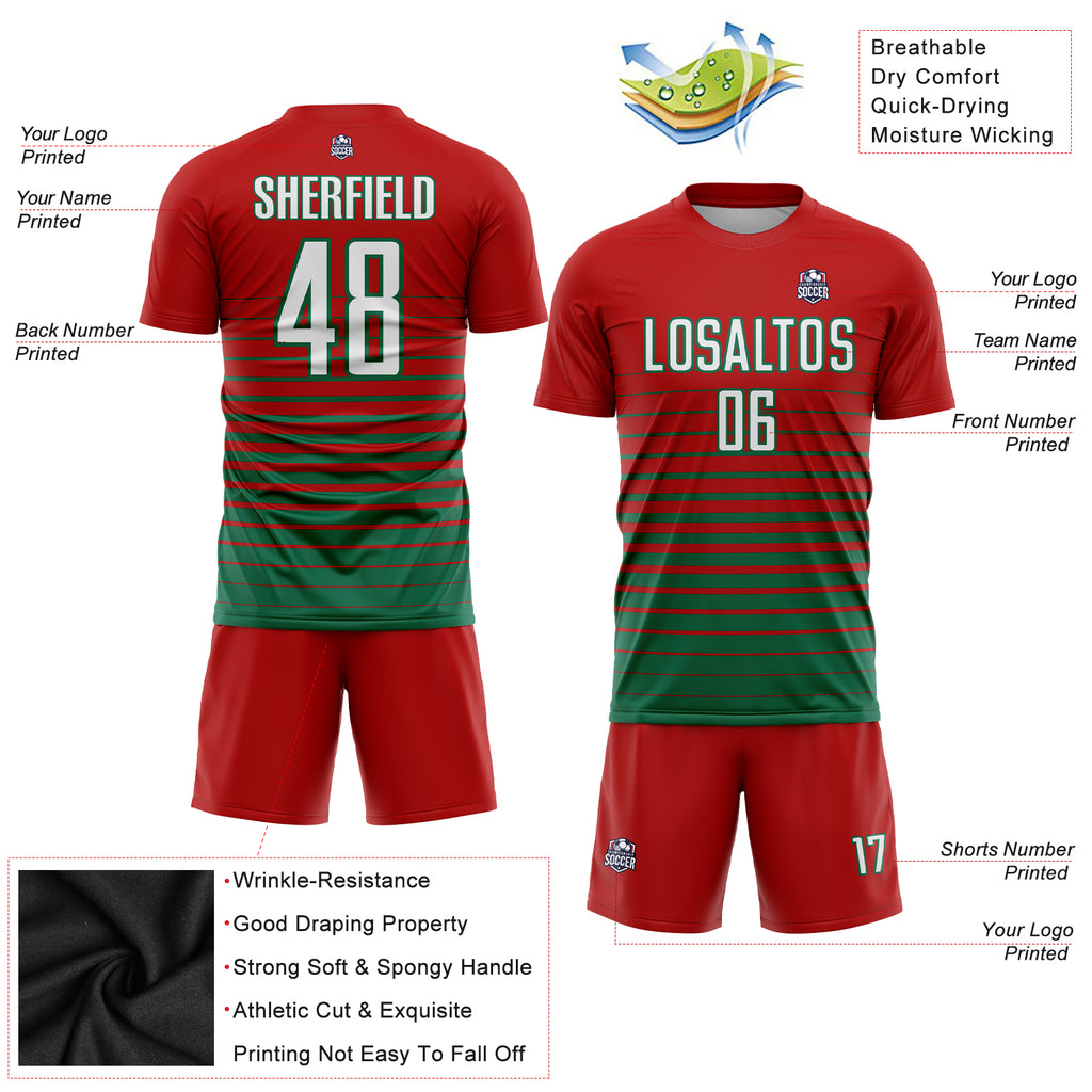 Custom Red White-Kelly Green Pinstripe Fade Fashion Sublimation Soccer Uniform Jersey