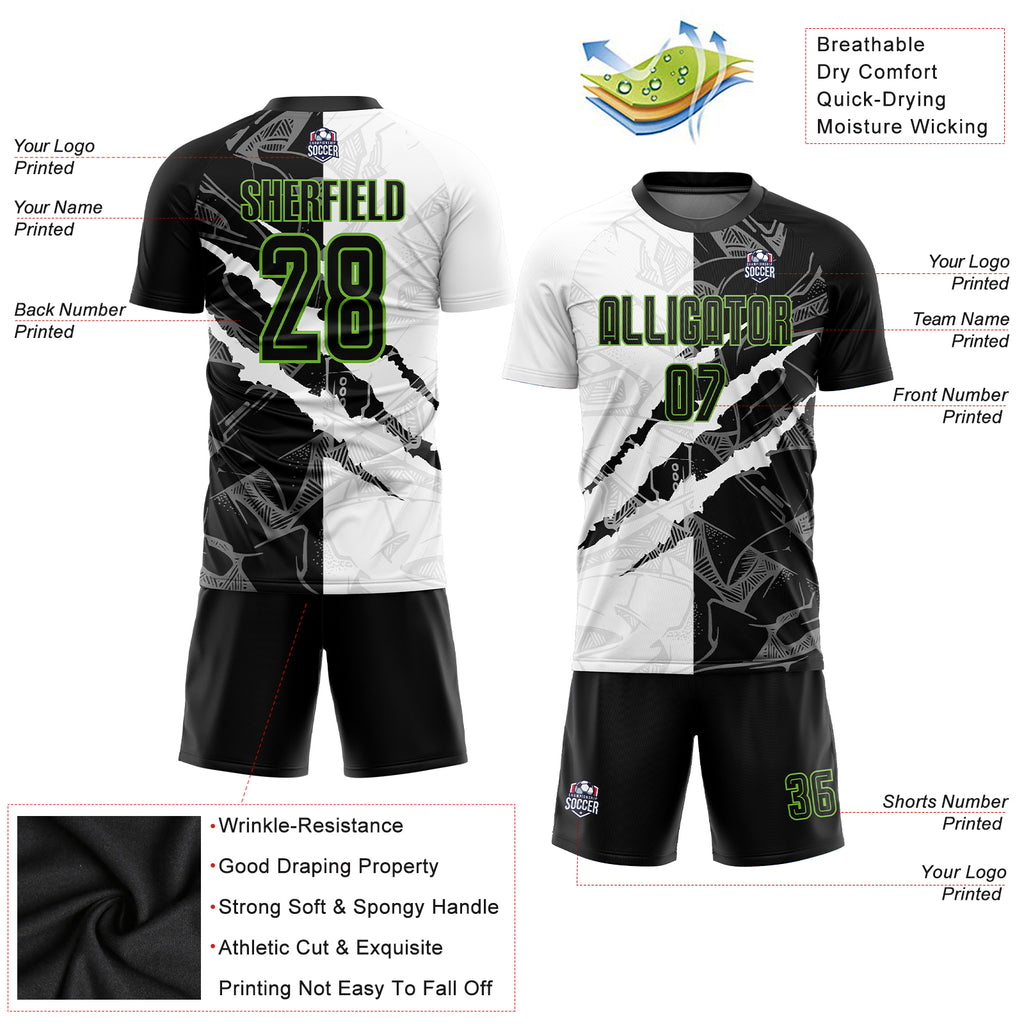 Custom Graffiti Pattern Black-Neon Green Scratch Sublimation Soccer Uniform Jersey