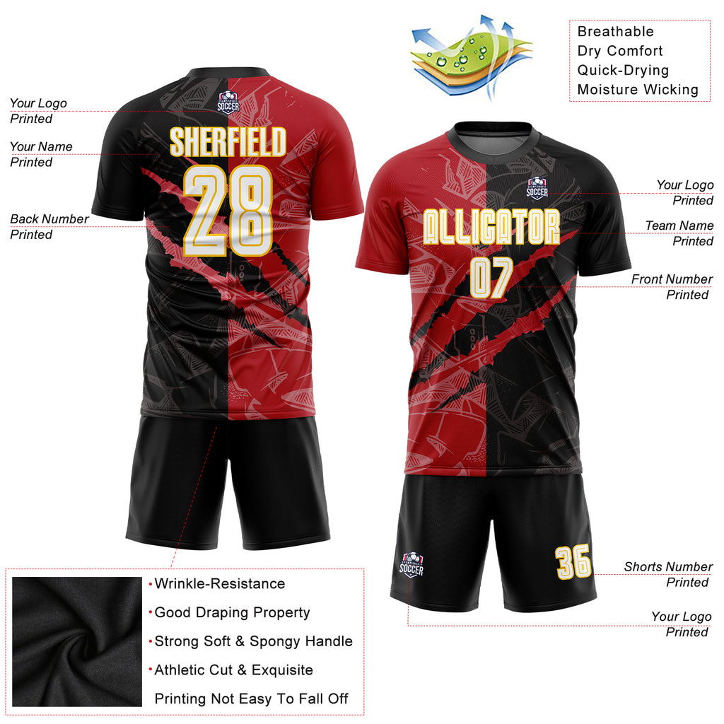 Custom Graffiti Pattern White Black Red-Yellow Scratch Sublimation Soccer Uniform Jersey