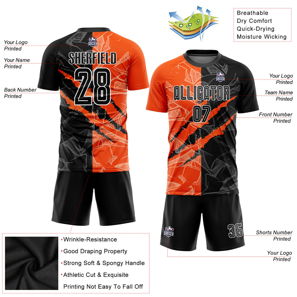 Custom Graffiti Pattern Black-Orange Scratch Sublimation Soccer Uniform Jersey