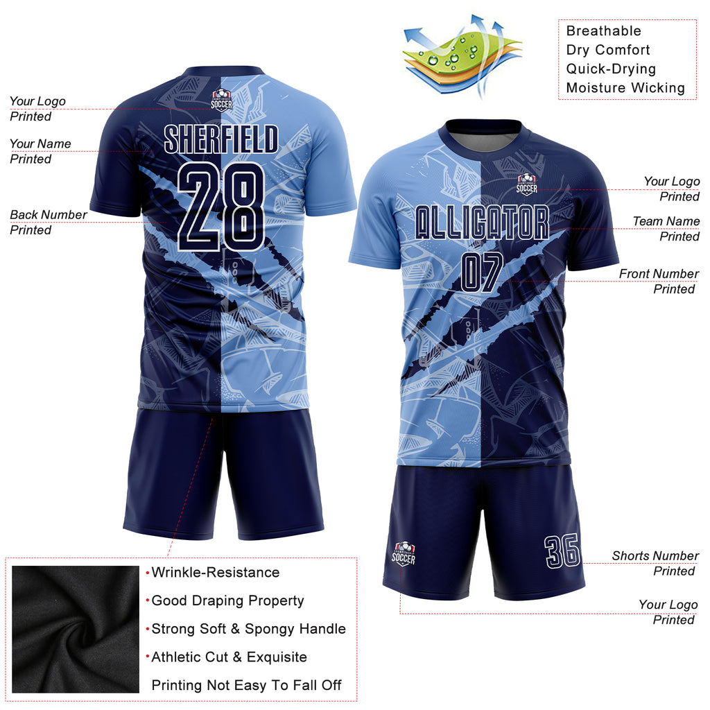 Custom Graffiti Pattern Navy-Light Blue Scratch Sublimation Soccer Uniform Jersey