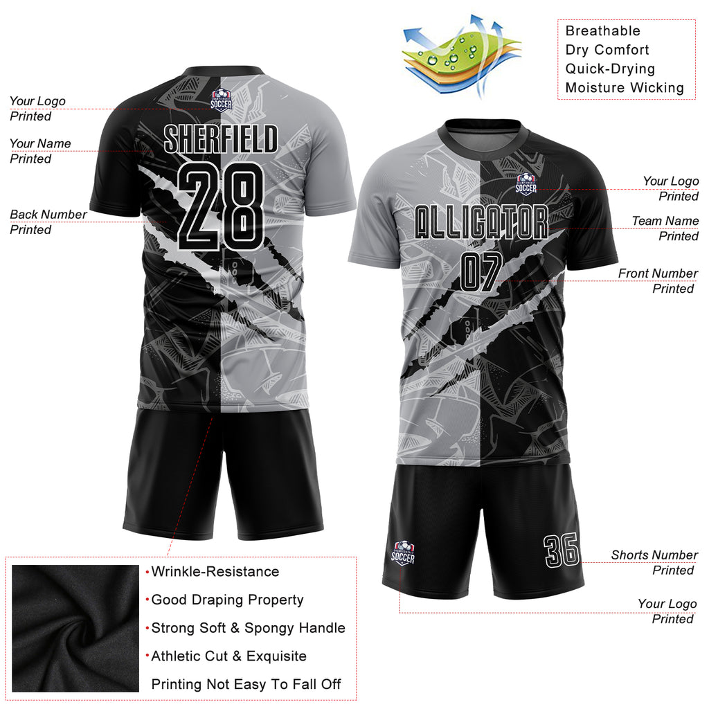 Custom Graffiti Pattern Black-Gray Scratch Sublimation Soccer Uniform Jersey