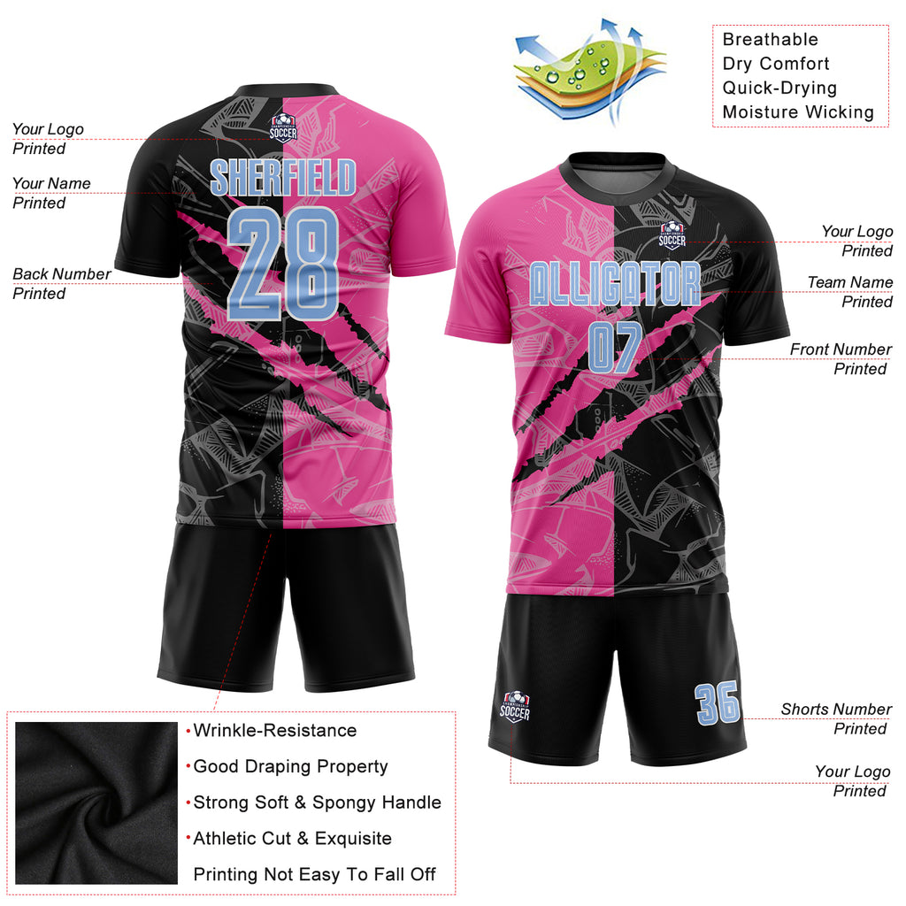 Custom Graffiti Pattern Light Blue Black-Pink Scratch Sublimation Soccer Uniform Jersey