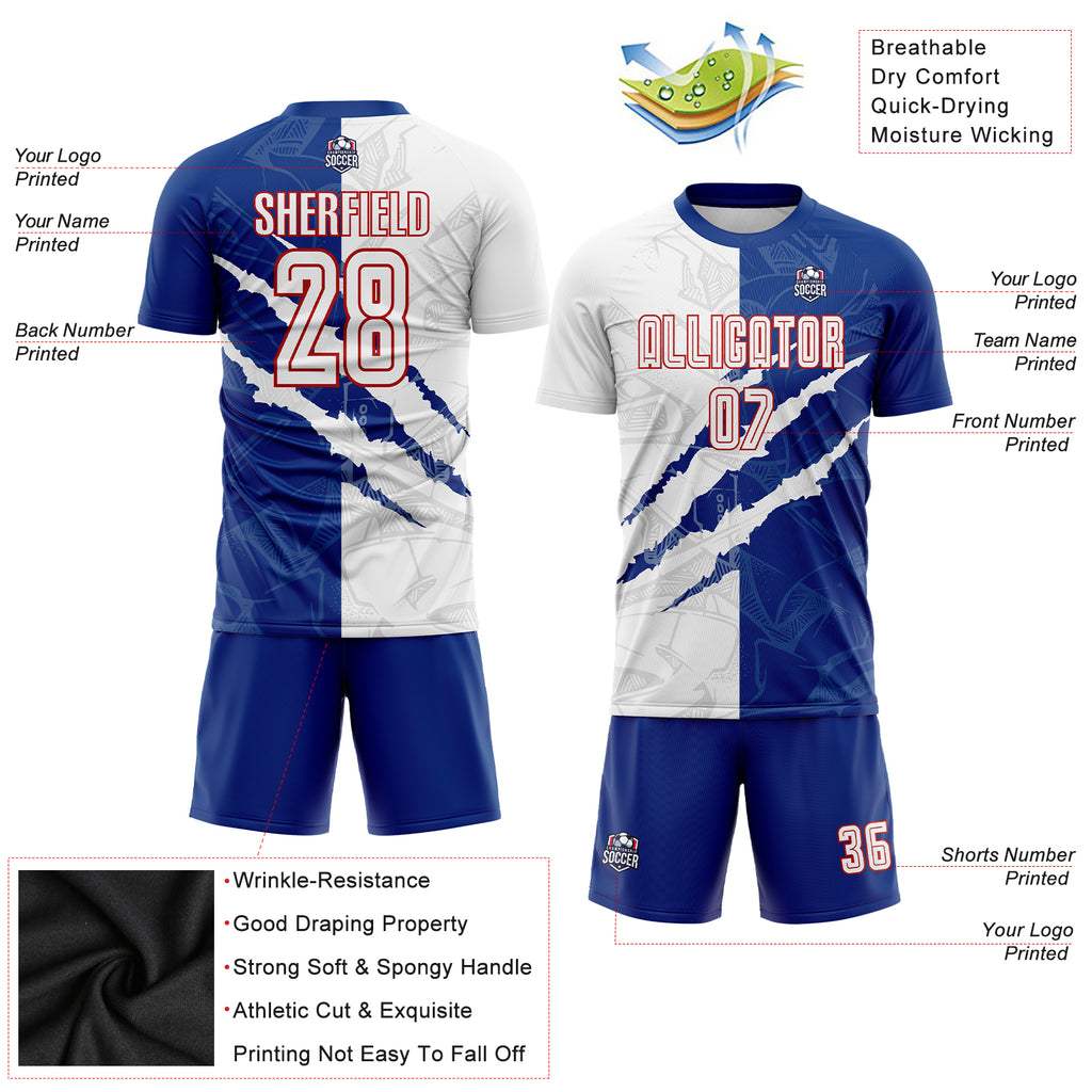 Custom Graffiti Pattern White Royal-Red Scratch Sublimation Soccer Uniform Jersey