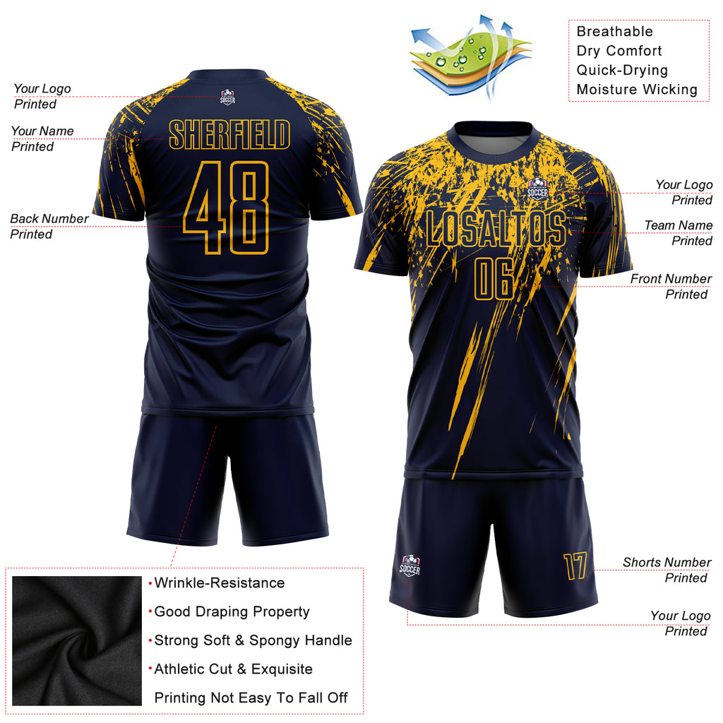 Custom Navy Yellow Sublimation Soccer Uniform Jersey