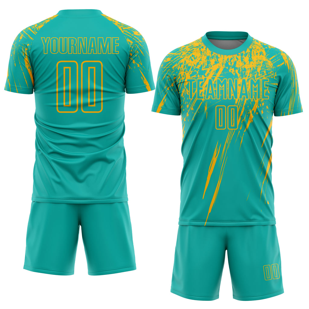Custom aqua and gold sublimation soccer uniform jersey with free shipping2