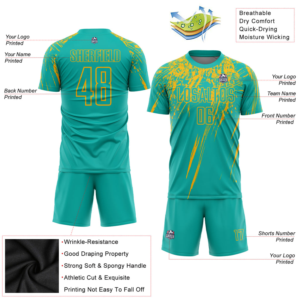 Custom aqua and gold sublimation soccer uniform jersey with free shipping3