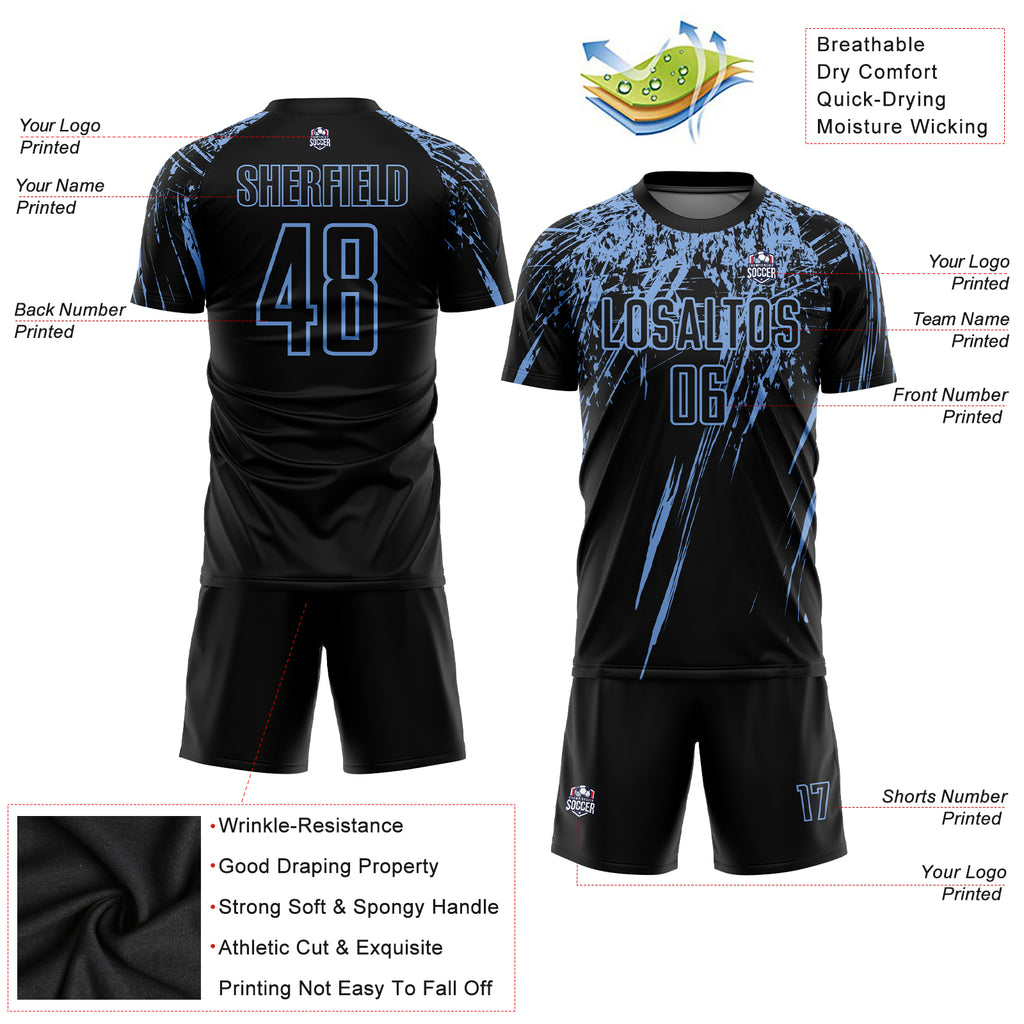 Custom Black Light Blue Sublimation Soccer Uniform Jersey