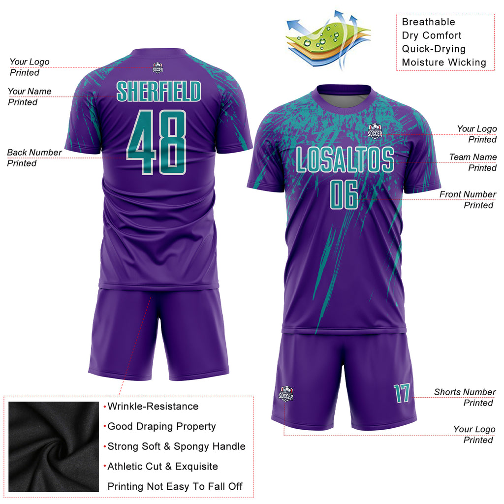 Custom Purple Teal-White Sublimation Soccer Uniform Jersey