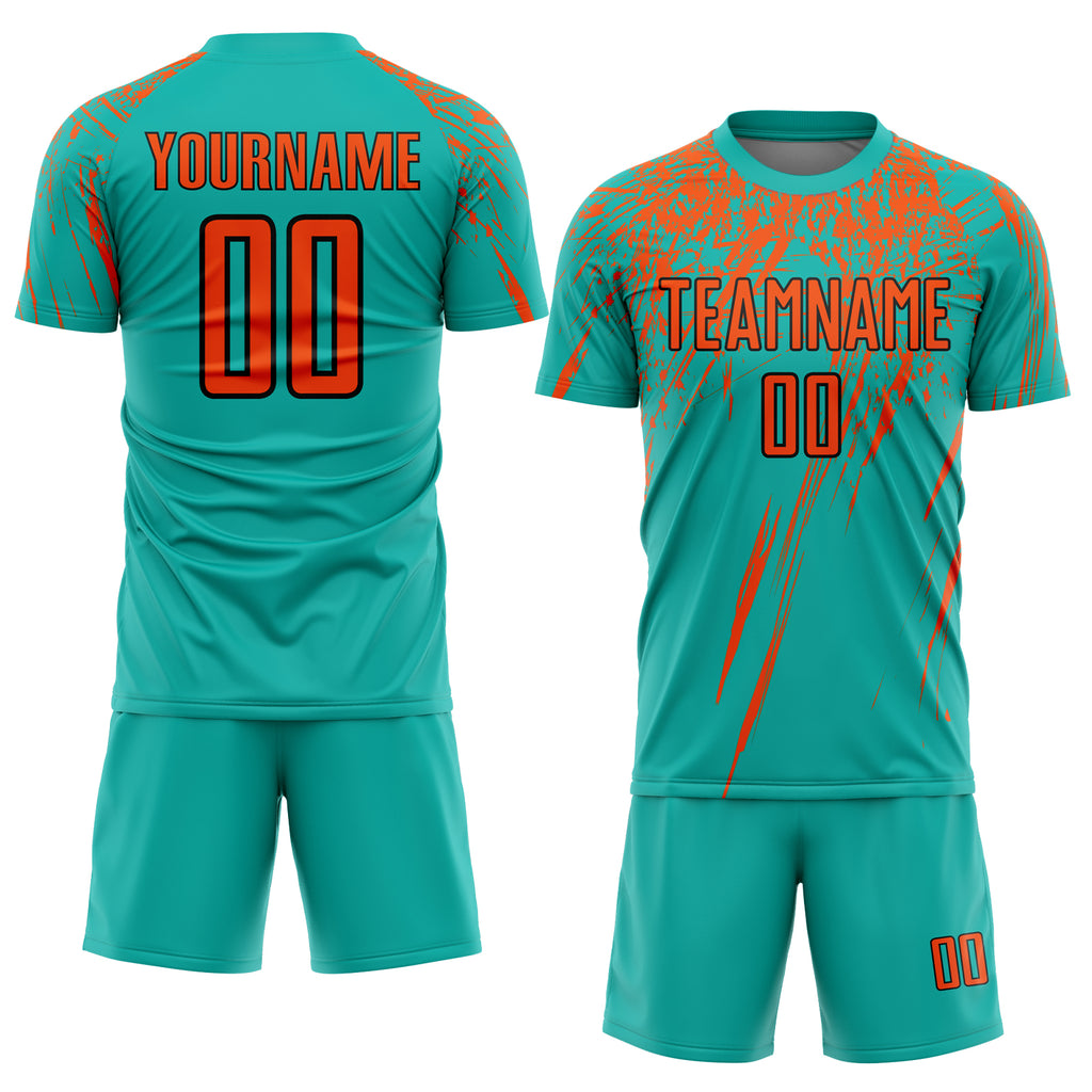 Custom aqua orange-black sublimation soccer uniform jersey with free shipping1