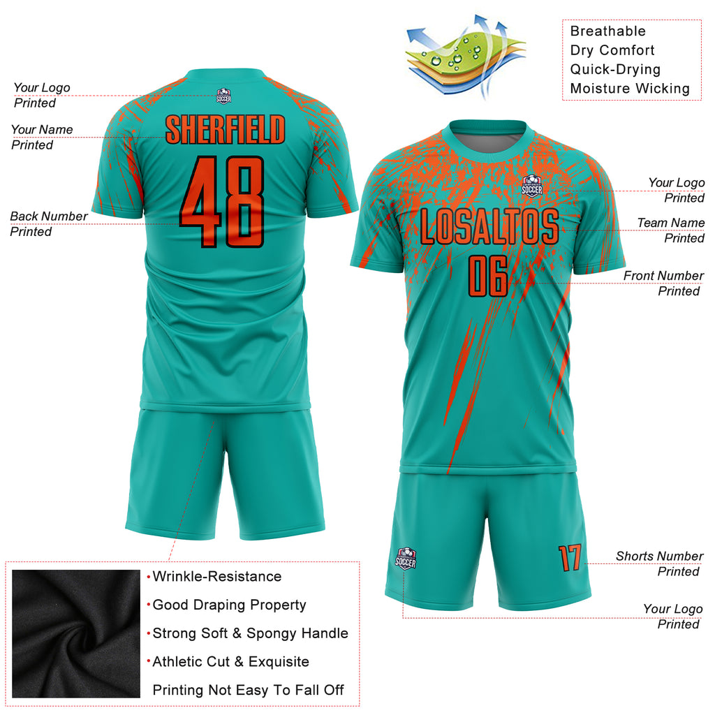 Custom aqua orange-black sublimation soccer uniform jersey with free shipping3