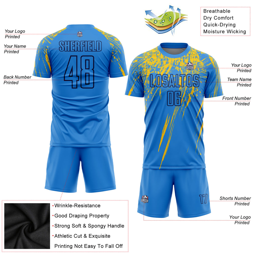 Custom Electric Blue Yellow-Navy Sublimation Soccer Uniform Jersey