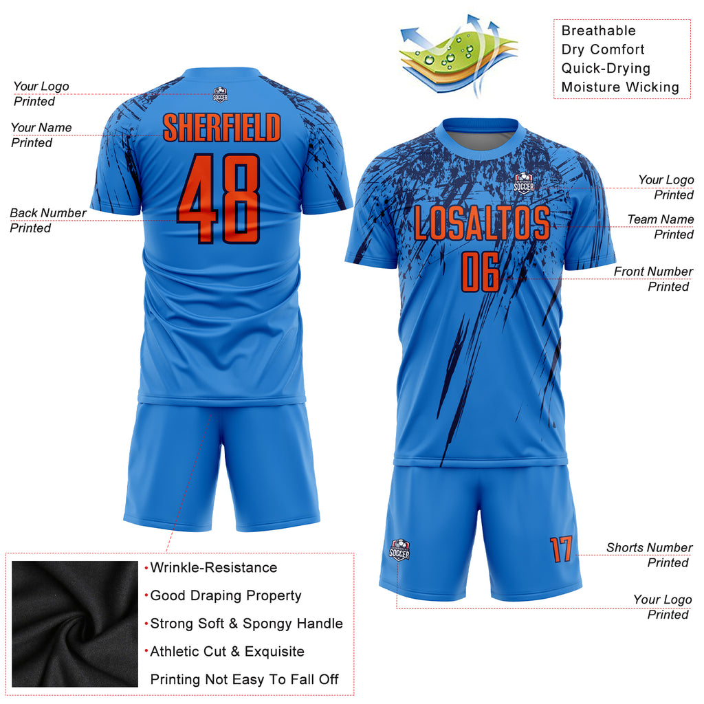 Custom Electric Blue Orange-Navy Sublimation Soccer Uniform Jersey