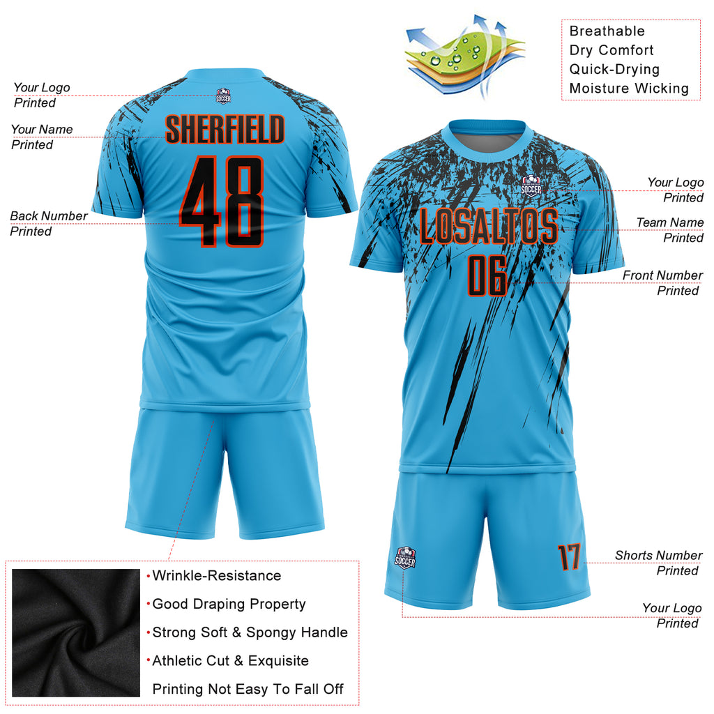 Custom Sky Blue Black-Orange Sublimation Soccer Uniform Jersey