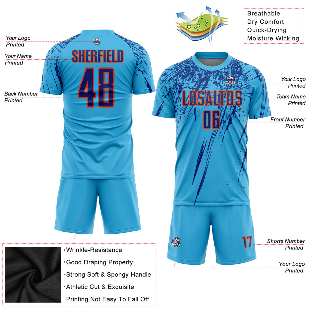 Custom Sky Blue Royal-Orange Sublimation Soccer Uniform Jersey