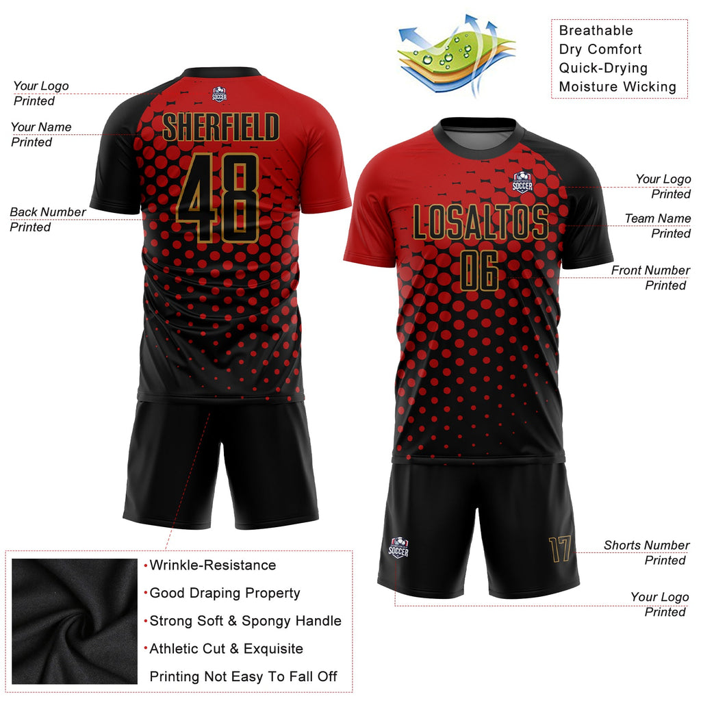 Custom Red Black-Old Gold Sublimation Soccer Uniform Jersey