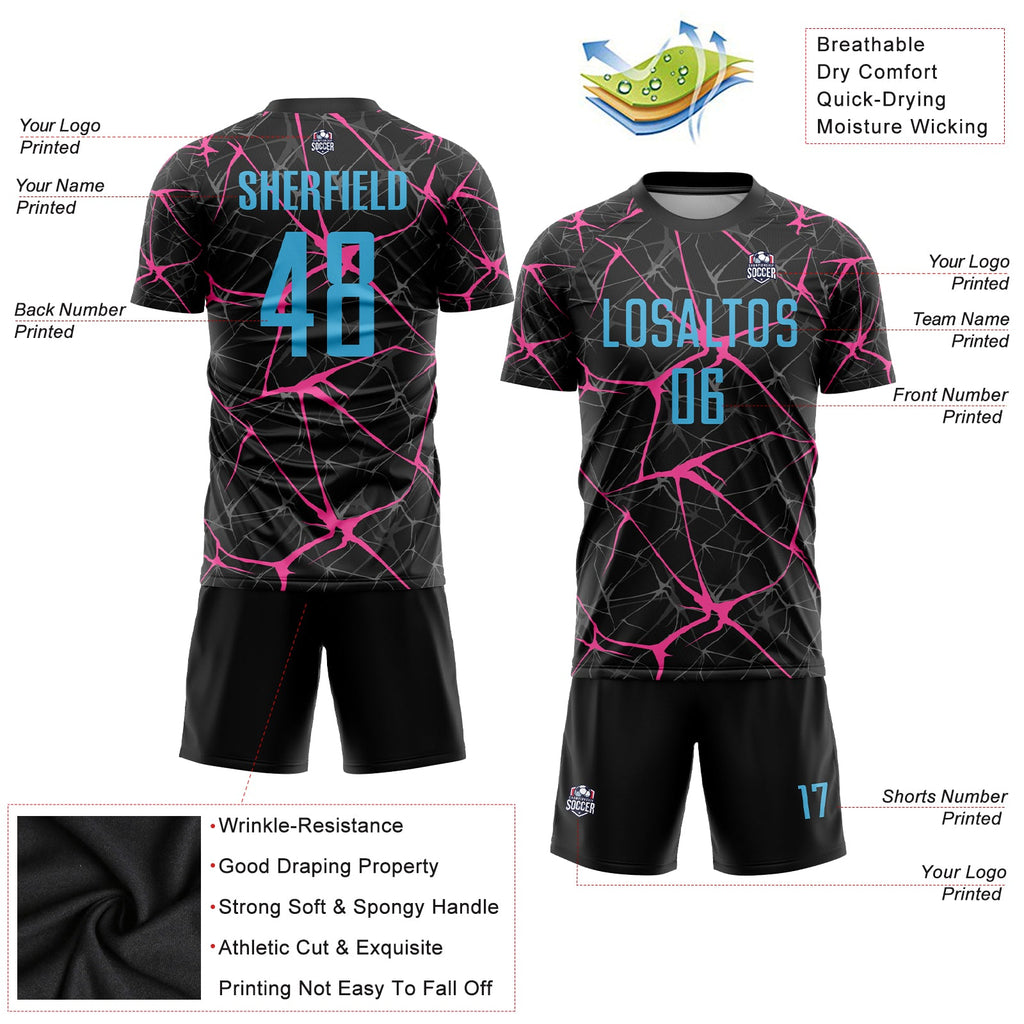 Custom Black Sky Blue-Pink Sublimation Soccer Uniform Jersey