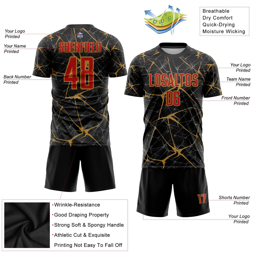 Custom Black Red-Old Gold Sublimation Soccer Uniform Jersey