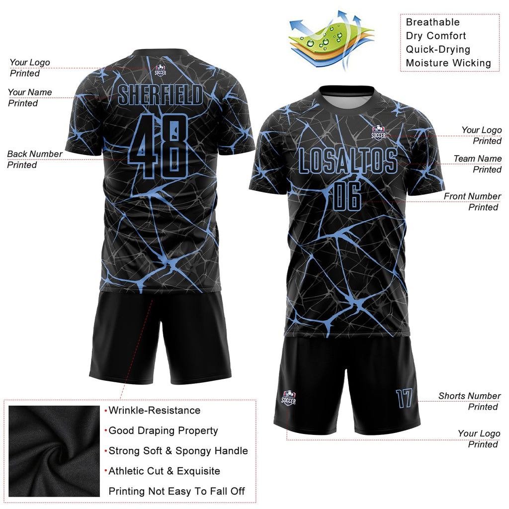 Custom Black Light Blue Sublimation Soccer Uniform Jersey