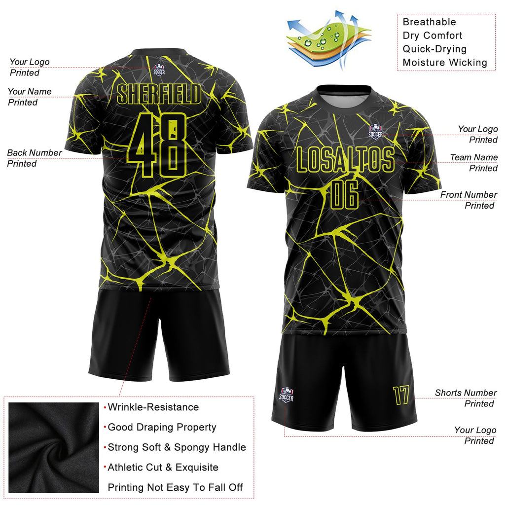 Custom Black Neon Yellow Sublimation Soccer Uniform Jersey