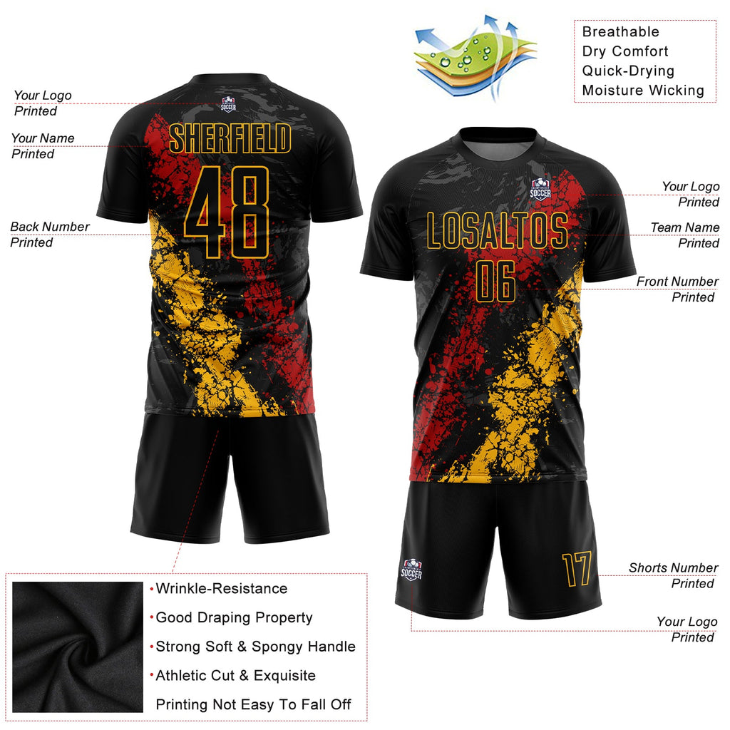 Custom Black Gold-Red Sublimation Soccer Uniform Jersey